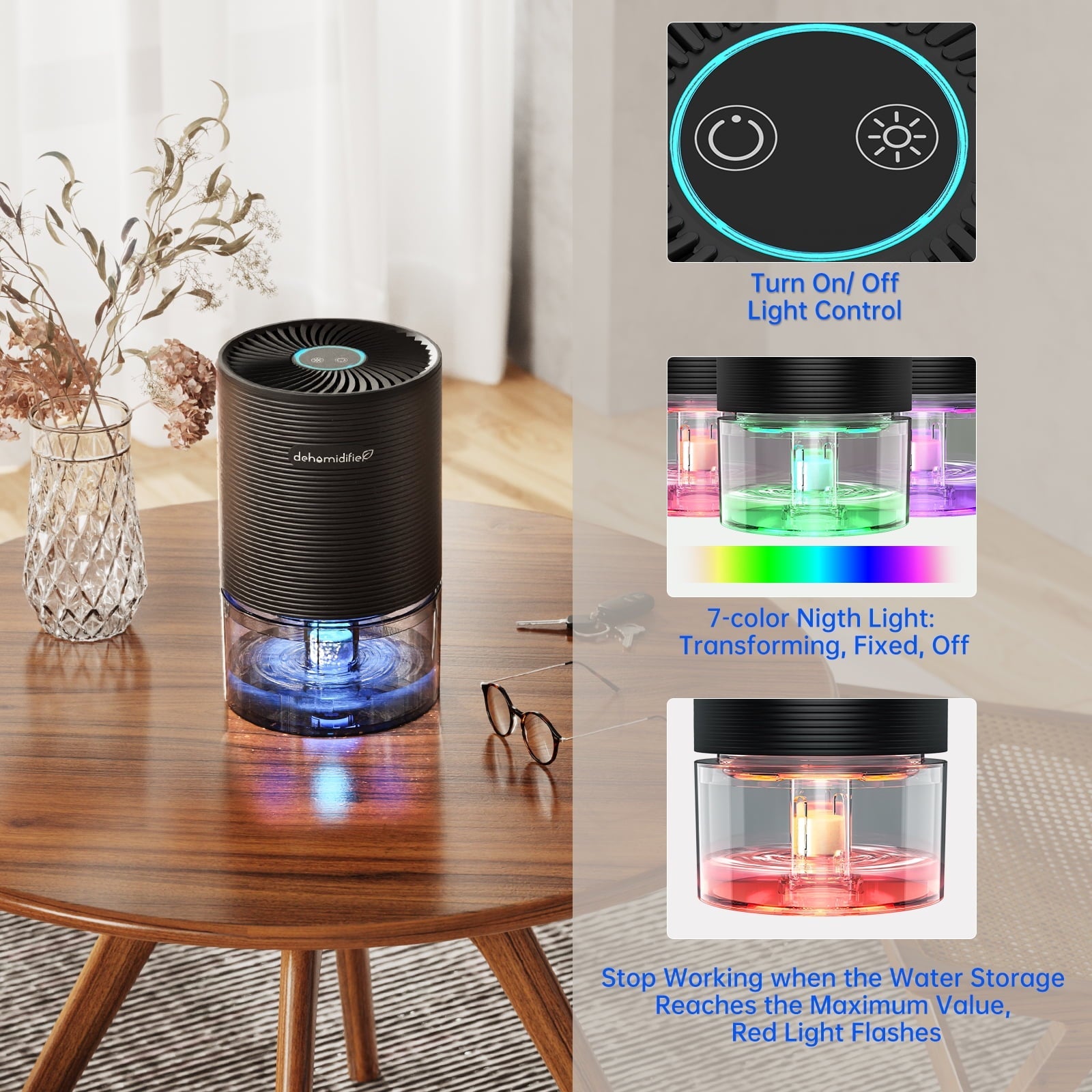 Alrocket Small Dehumidifiers for Bedroom 27oz with Auto-off,7 Colors LED Light up to 215 sq.ft-Black