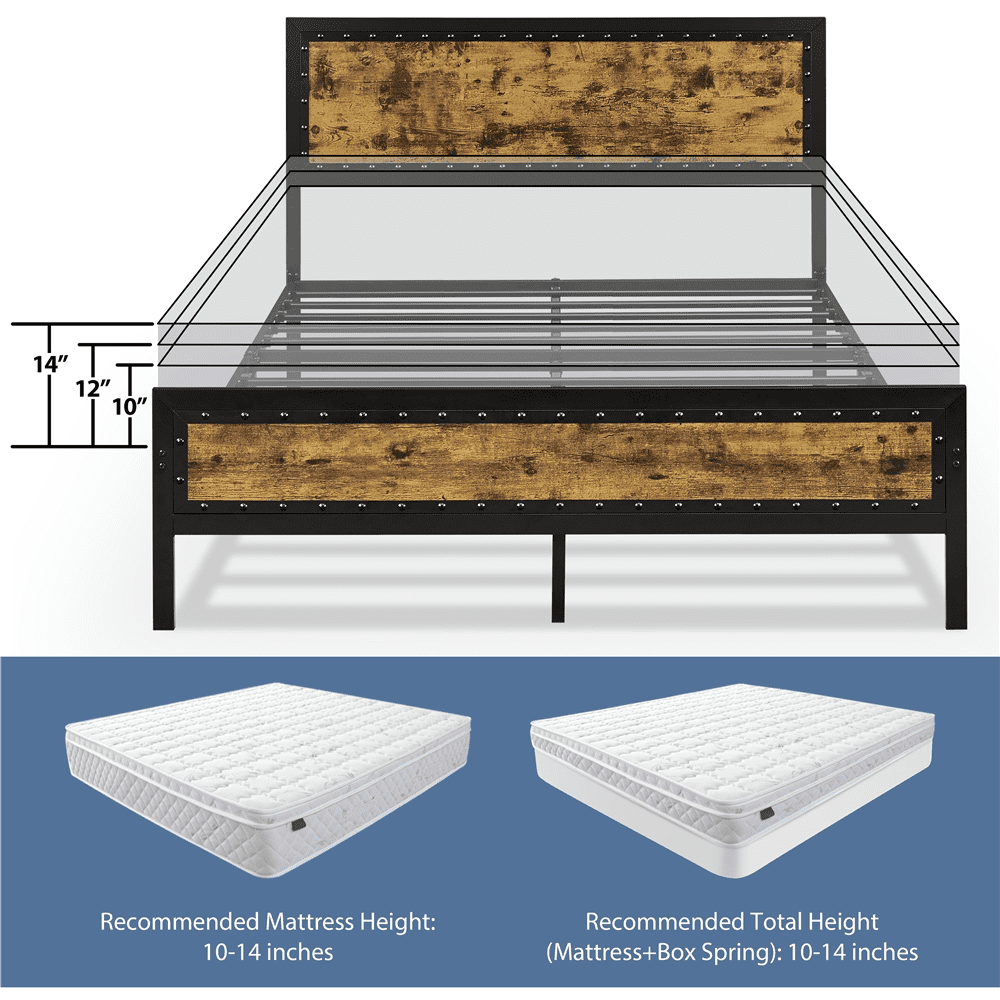 Topeakmart Industrial Metal Bed Frame with Wooden Headboard and Footboard, Queen Size, Rustic Brown