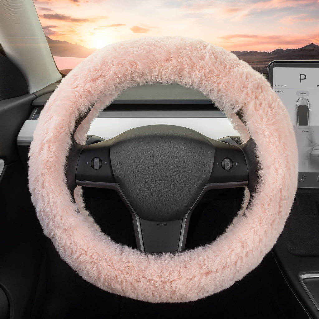 Carbella Soft Pink Faux Fur Steering Wheel Cover for Women, Standard 15 Inch Size Fits Cars Trucks SUV