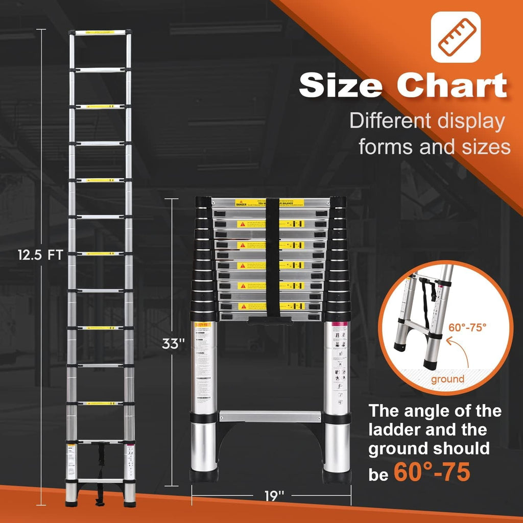 BOWEITI 12.5 FT Telescoping Aluminum Extension Ladder with 2 Triangle Stabilizers, Heavy Duty 330lbs Max Capacity, Multi-Purpose Collapsible Ladder for RV or Outdoor Work