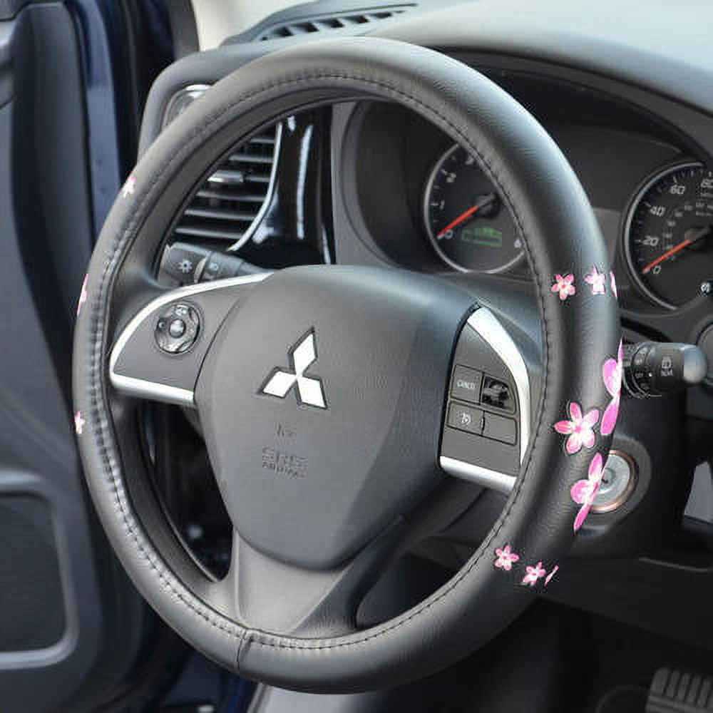 BDK Pink Floral Design Car Steering Wheel Cover, Standard Size 14.5 to 15.5"