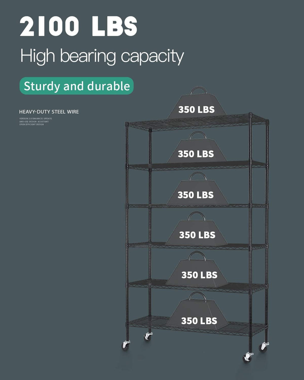 BestOffice 18x48x82 inch 6 Tier Wire Shelving Unit with Wheels Steel Adjustable Utility 2100 LBS Capacity,Black