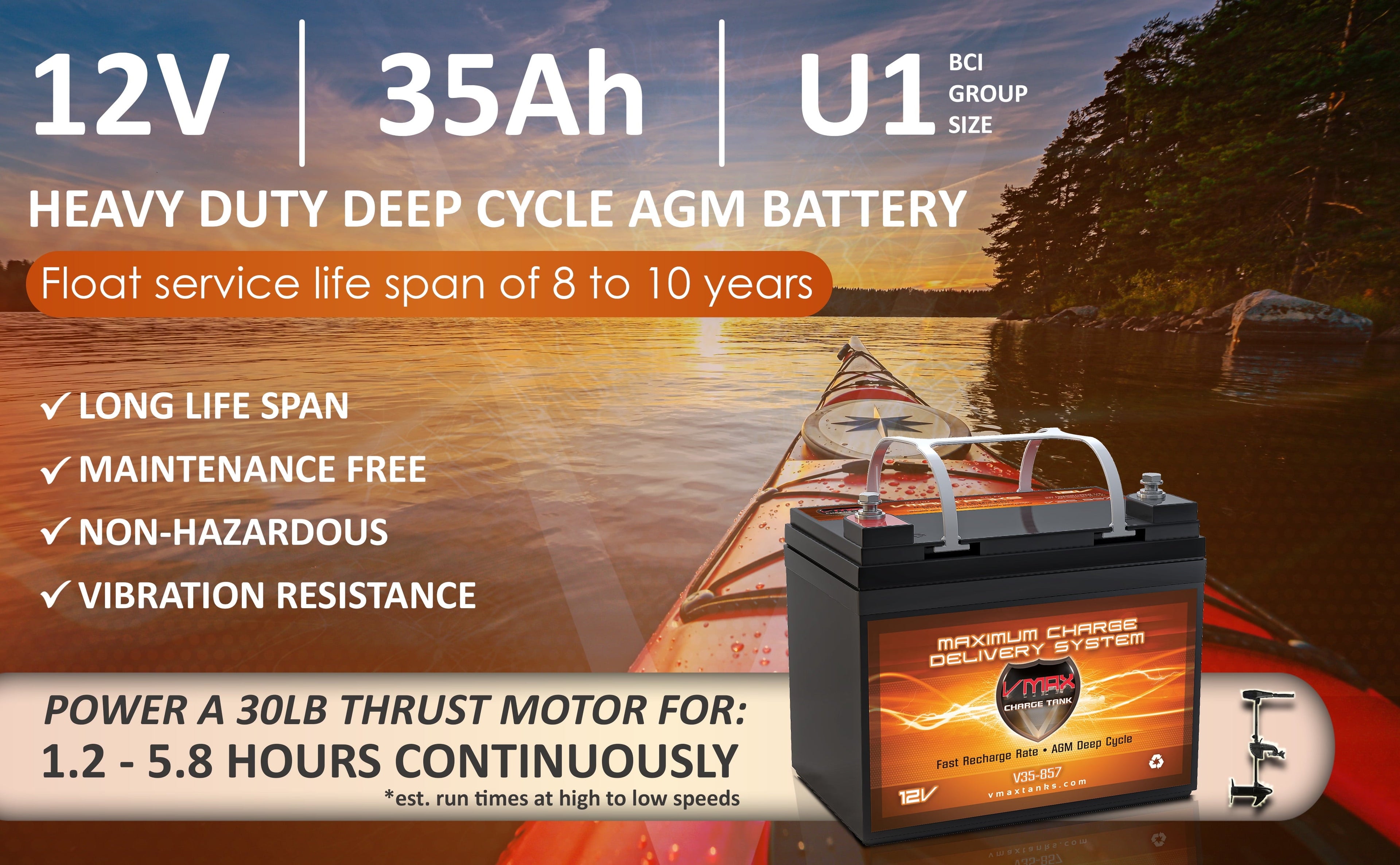 Minn Kota Edge Trolling Motor U1 Battery Replacement VMAX V35-857 12V 35AH AGM
