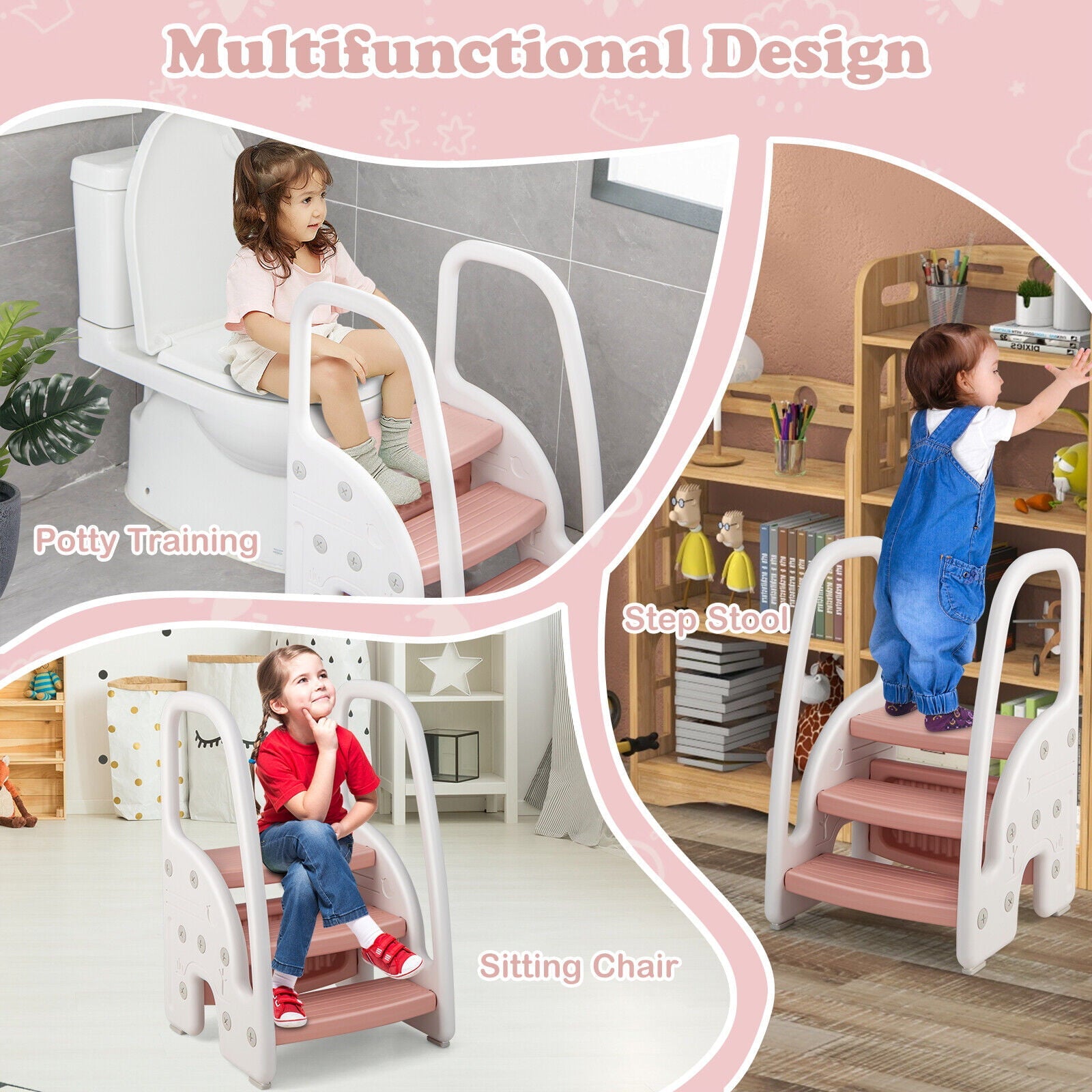 Exdeerjoy Kids 3-Step Stool, Toddler Stepping Stool with Handles, Plastic Learning Helper Stool Pink