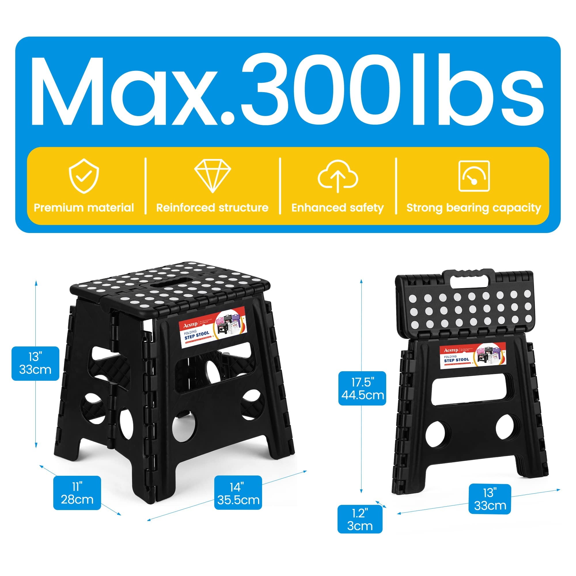 ACSTEP Folding Step Stool 13'' Tall Kids Step Stool Plastic Step Stools with Non-Slip Surface - Black