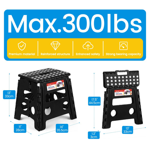 ACSTEP Folding Step Stool 13'' Tall Kids Step Stool Plastic Step Stools with Non-Slip Surface - Black