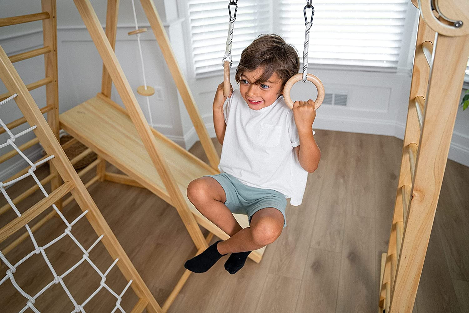 Avenlur Chestnut - The Ultimate Indoor 7-in-1 Playset and Foldable Jungle Gym for Kids Aged 2-8 with Slide, Rock Climb Wall, Climbing Ladder, Rope Net, Monkey Bars, Swing, and Ninja Ring - USA Company