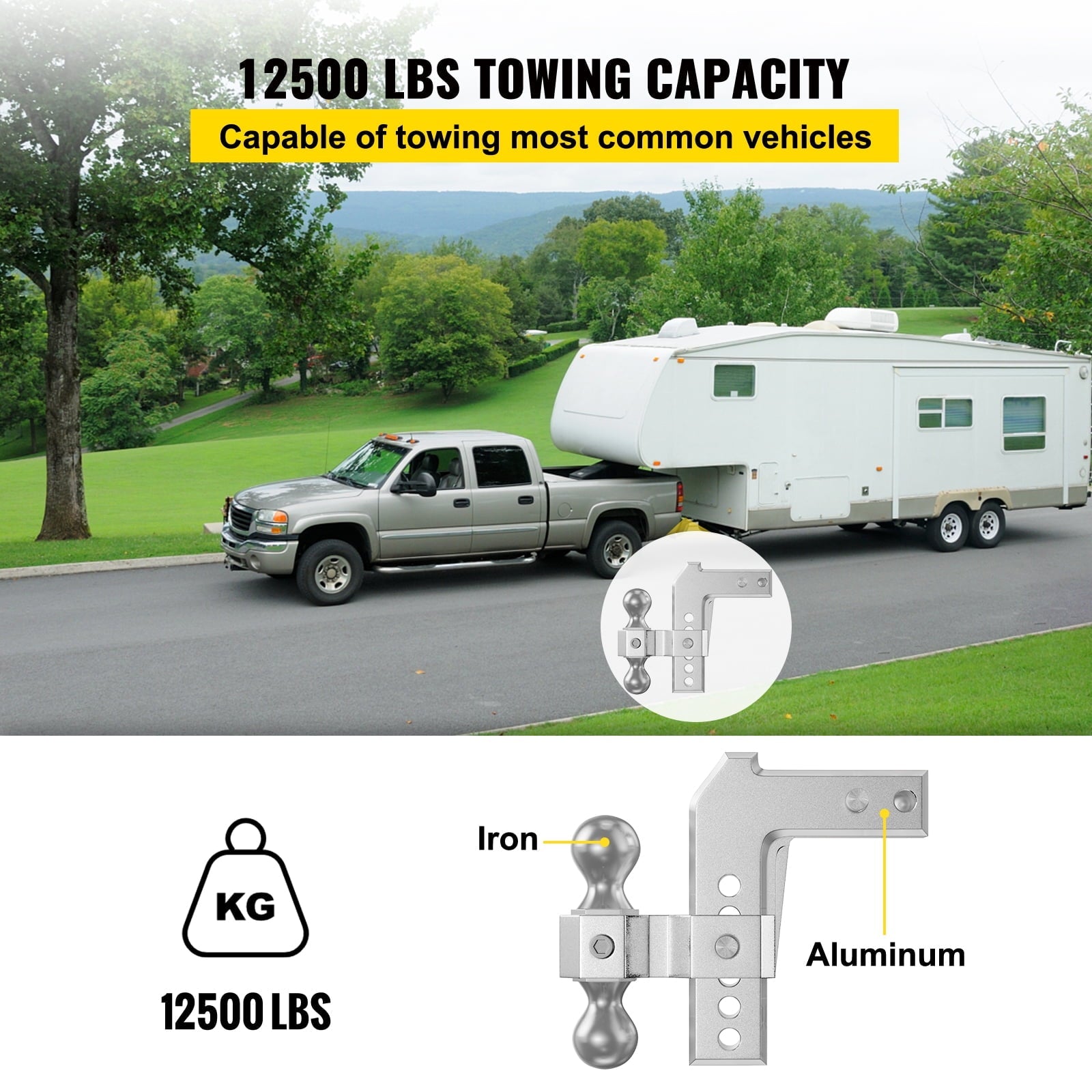 BENTISM Adjustable Trailer Hitch, Fits 2" Receiver, 6" Drop Ball Mount Hitch w/ Forged Aluminum Shank ＆ Two Iron Balls, 12500 lbs Towing Capacity for Most Common Needs, Dual Locking Pins Included