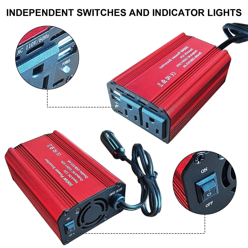 300W Car Power Inverter DC 12V to 110V AC, Car Plug Adapter Outlet with Dual USB and 2 AC Outlet, Car Charger for Laptop Computer