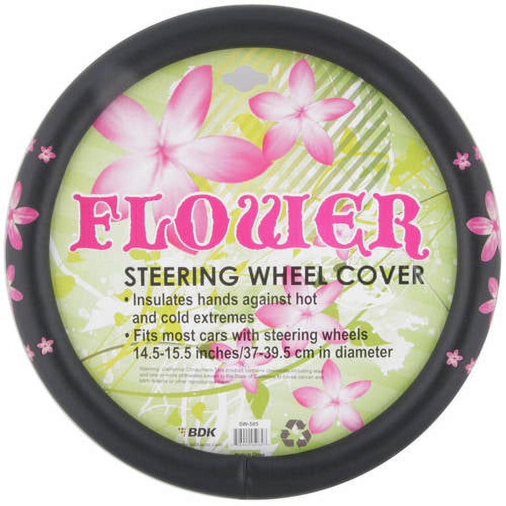 BDK Pink Floral Design Car Steering Wheel Cover, Standard Size 14.5 to 15.5"