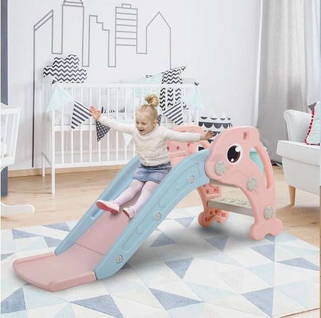 GERI 45 Inch Foldable Kid Toddler Slide Set, 2 IN 1 Slides with Basketball Hoop, Indoor Outdoor Children Playground Toy for 1-8 Year olds, Pink
