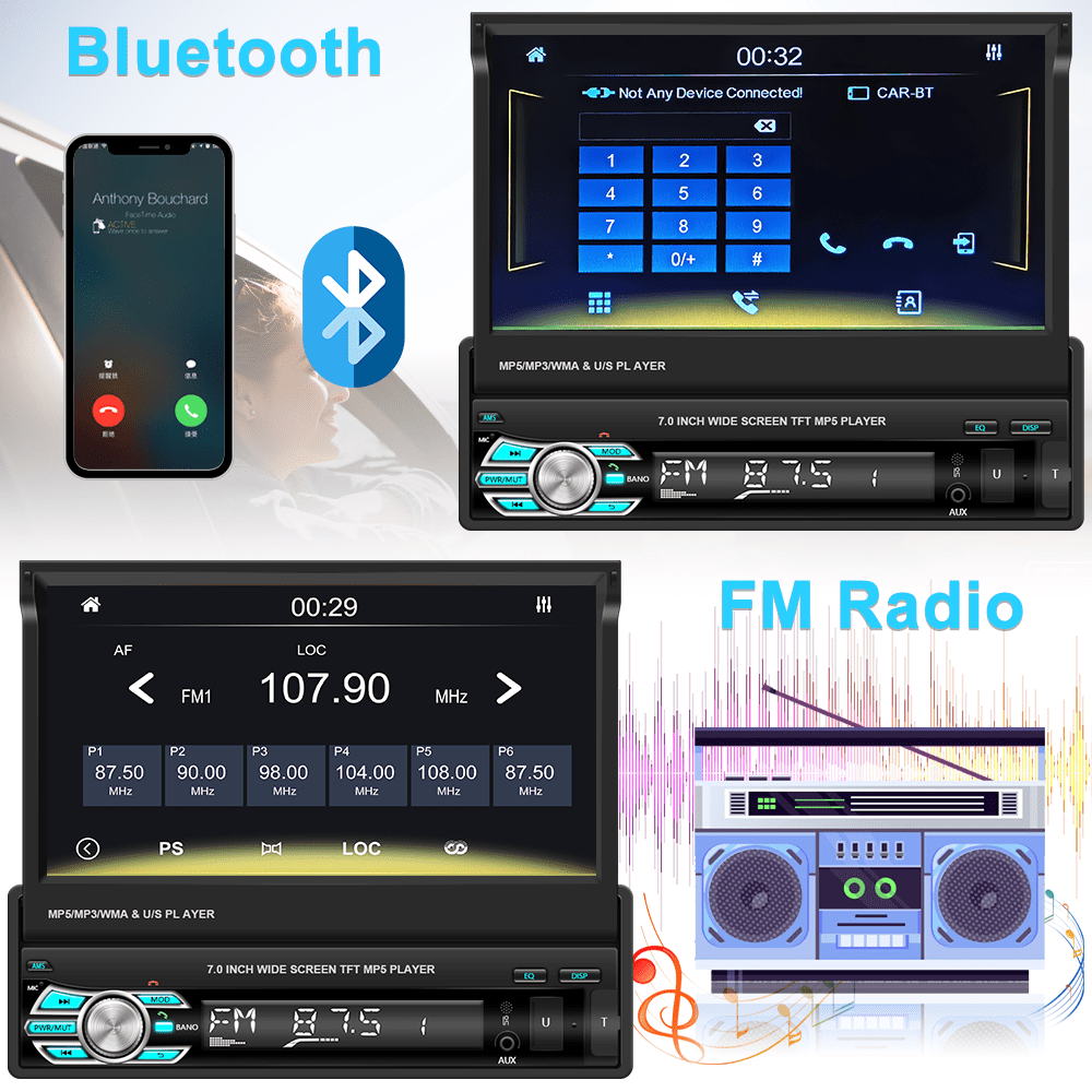 Podofo Universal Single 1 DIN 7" HD Touchscreen Retractable Car Stereo Radio Bluetooth Auto Apple Carplay Android Auto FM Mirror Link Function, with 12 LED Backup Camera