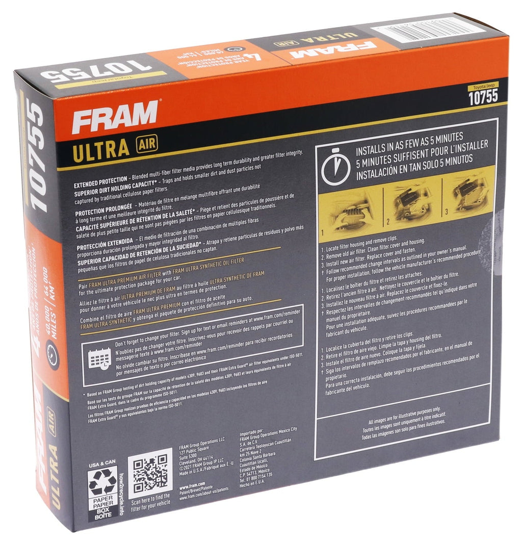 FRAM Ultra Air XGA10755, Premium Engine Air Filter, Replacement Filter for Select Toyota and Jeep Vehicles Fits select: 2014-2019 TOYOTA HIGHLANDER, 2011-2018 JEEP GRAND CHEROKEE