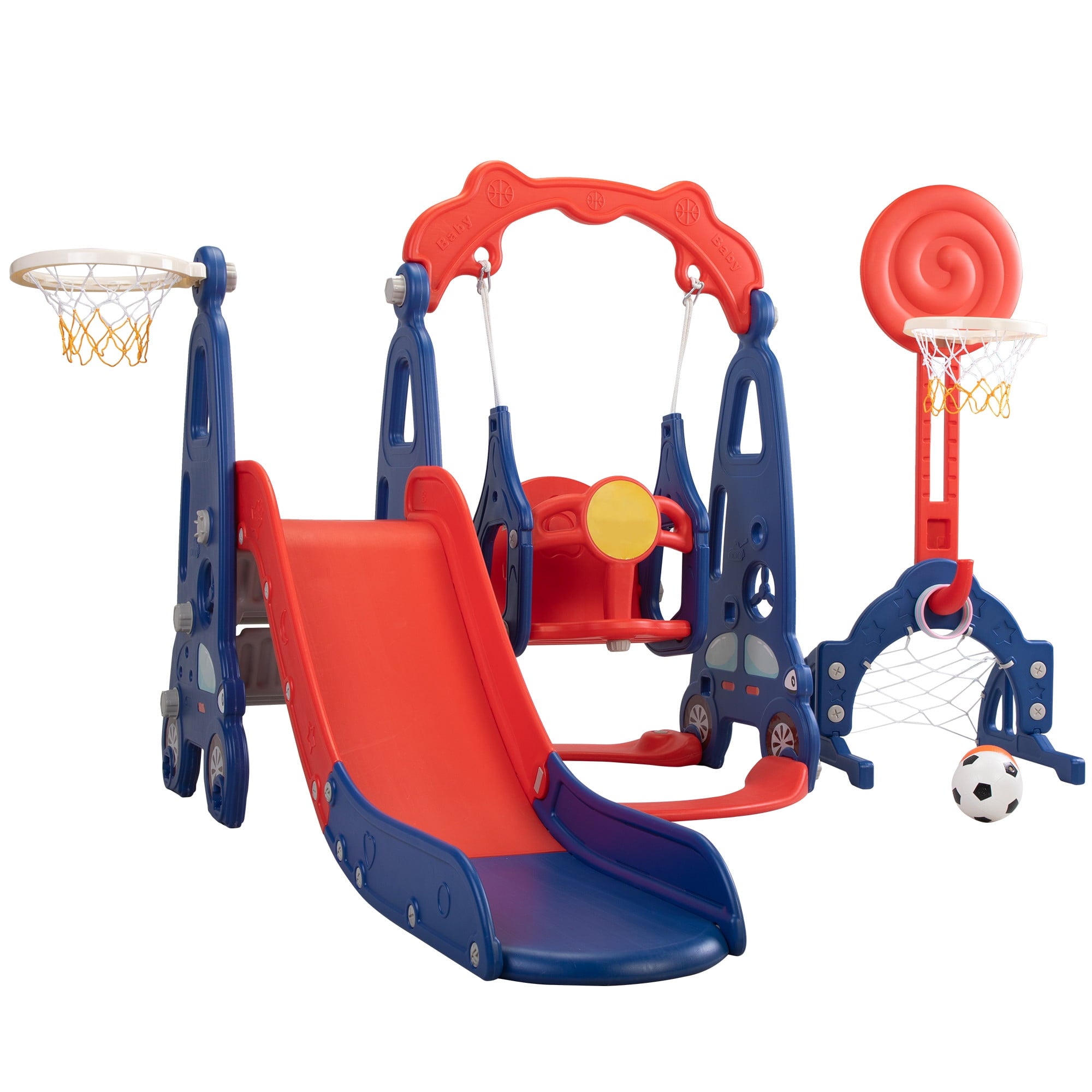 Kids-gift! 5 in 1 Slide and Swing Playing Set, Toddler Extra-Long Slide with 2 Basketball Hoops, Football, Ringtoss, Indoor Outdoor