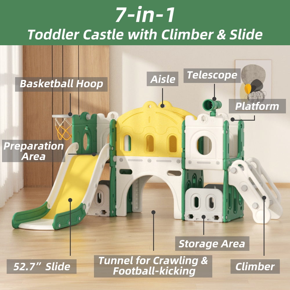 XJD 8-in-1 Toddler Slide, Indoor Slide Set Playground for Kids, Outdoor Slide Toddlers Climber and Slide Set with Basketball Hoop and Ball, Slide for Toddlers Age 12 Month +(Green)