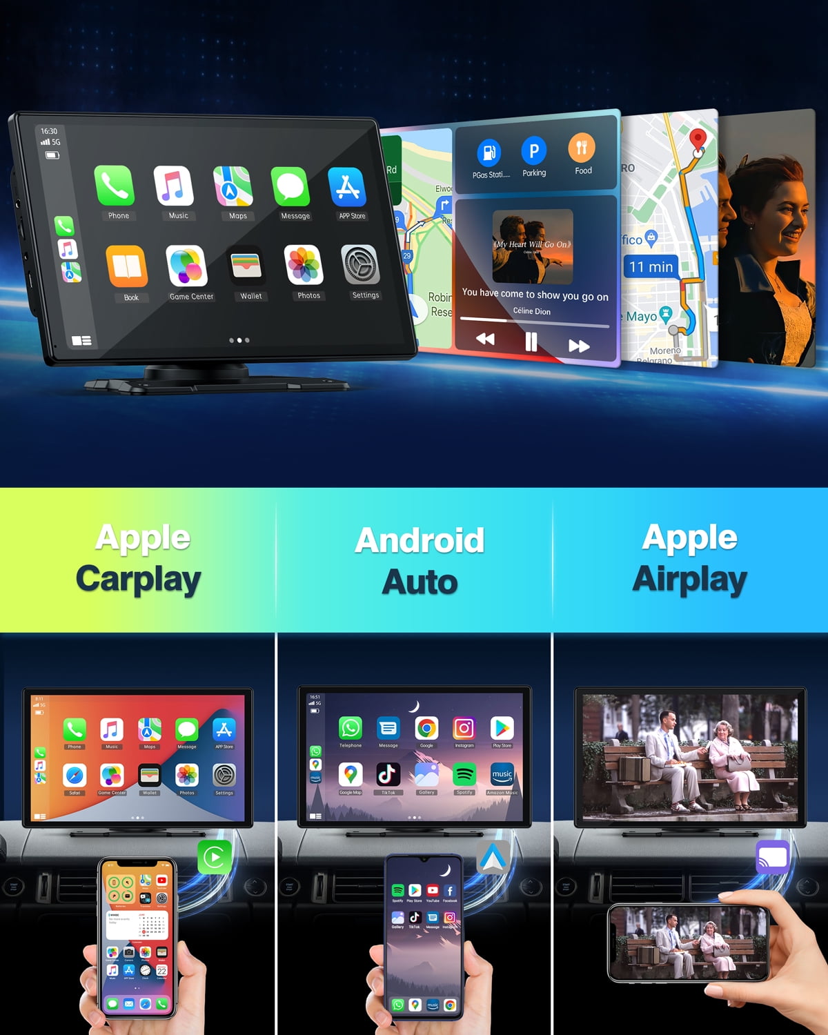 LAMTTO 9" HD IPS Screen Wireless Car Stereo Apple Carplay with 2.5K Dash Cam,1080P Backup Camera,Portable Touch Screen GPS Navigation for Car, Car Audio Receivers with Bluetooth,Android Auto