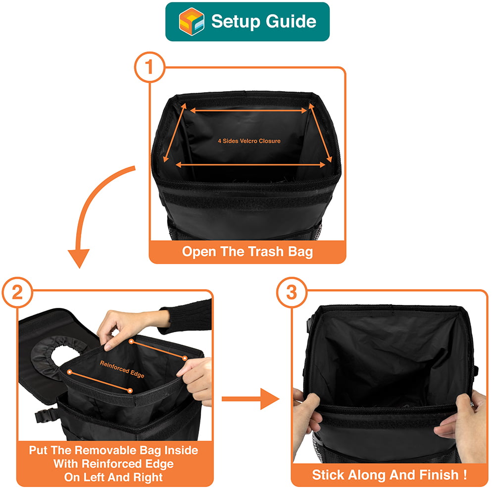 SUN CUBE WATERPROOF Car Trash Can with Lid, Mesh Pockets | Leakproof Car Garbage Can Hanging | Auto Trash Bin, Garbage Bag Organizer for Headrest, Console, Truck (Black)