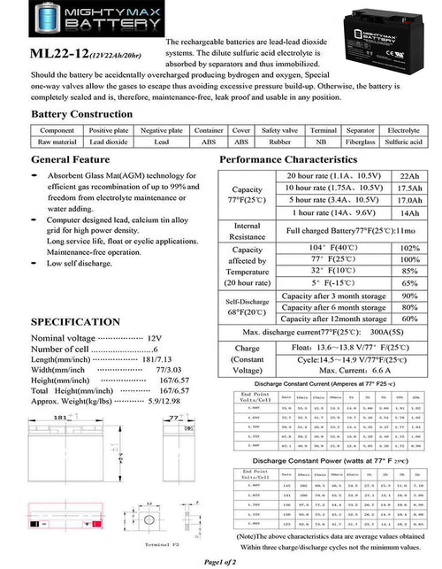12V 22AH SLA Battery Replaces Silent Partner Smart Ball Machine