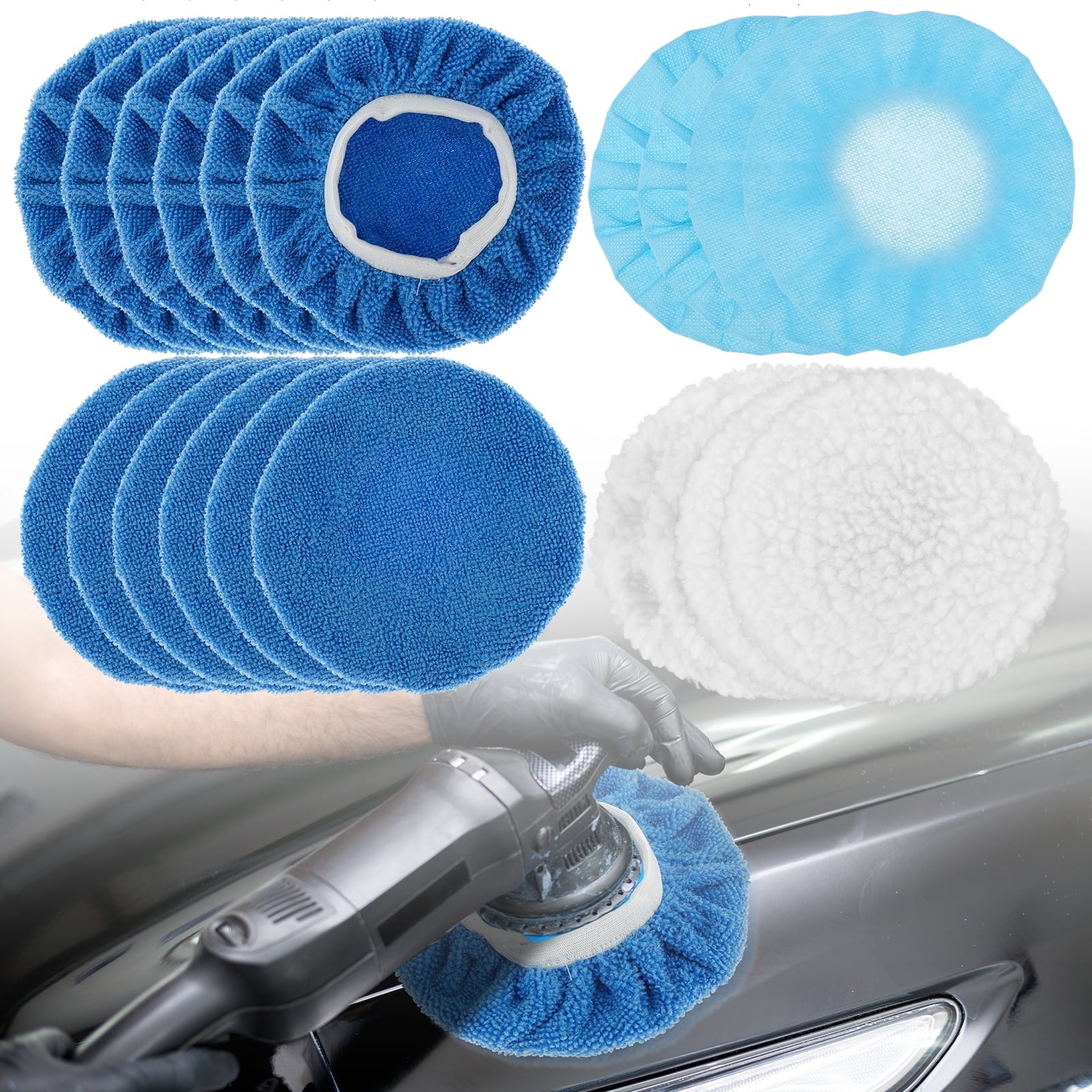 Protoiya 20Pcs Car Buffer Polisher Pad Soft Microfiber Polishing Bonnets 5-6inch Car Orbital Waxing Cover Kit Durable Auto Waxer Pad with Woollen Polishing Bonnets for Waxing Polishing
