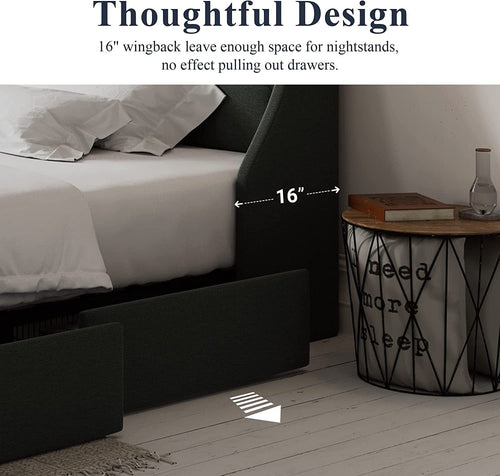 Allewie Queen Size Bed Frame with 4 Storage Drawers and Button Tufted & Wingback Headboard, Dark Grey