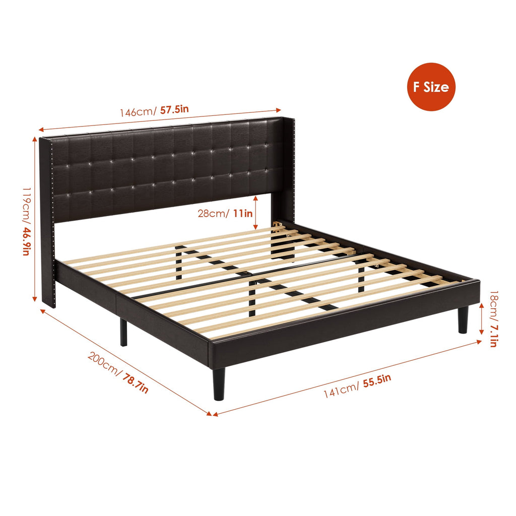 Homfa Full Bed Frame, Modern Bed Frame with Wing-Back PU Leather Upholstered Headboard, Wood Slat Support, Black Brown