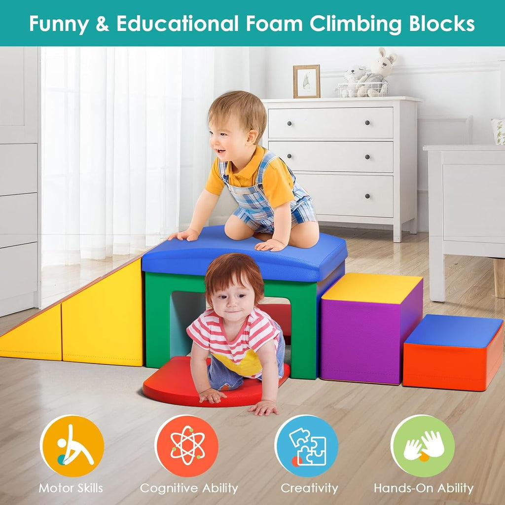 Foam Climbing Blocks for Toddlers, 6 Pieces Soft Play Climbing for Kids, Toddler Climbing Toys with Tunnel, Stair and Slide, Indoor Crawl and Climb Playset for Kids(Colorful)