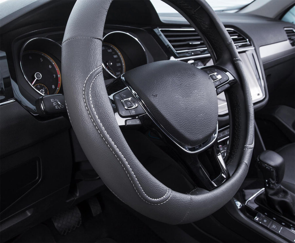 Auto Drive 1PC Steering Wheel Cover Country Leather Grey - Universal Fit, AD061716GR