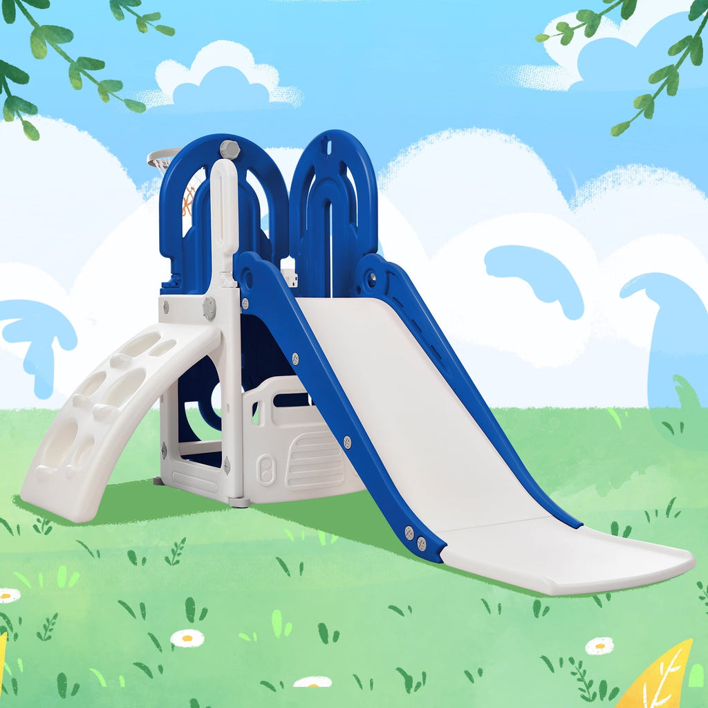 4 in 1 Toddler Climber and Slide Set, Freestanding Kids Playground Set with Basketball Hoop and Hidden Storage Space, Play Combination for Indoor Outdoor, Blue