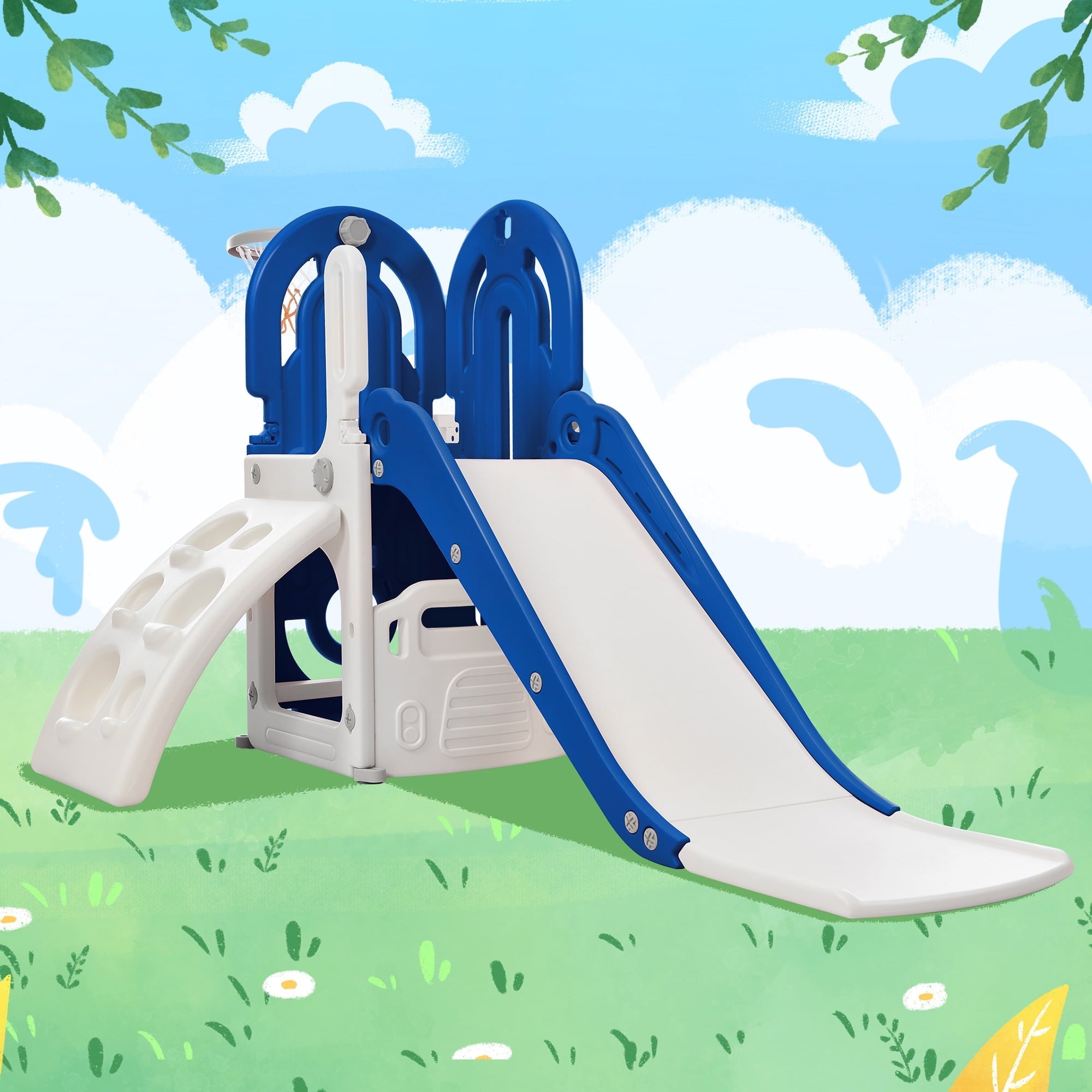 4 in 1 Toddler Climber and Slide Set, Freestanding Kids Playground Set with Basketball Hoop and Hidden Storage Space, Play Combination for Indoor Outdoor, Blue