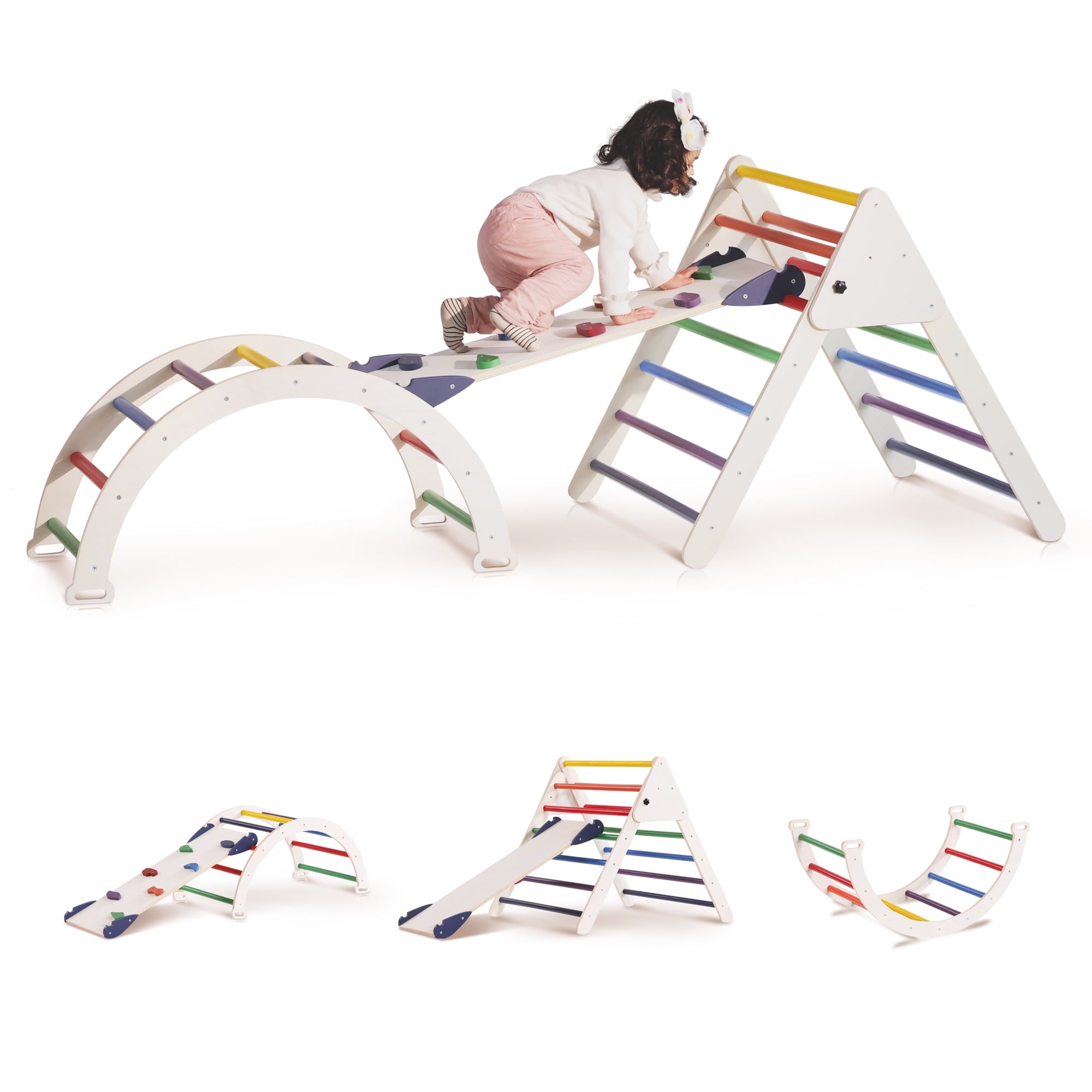 4-in-1 Wooden Pikler Climbing Triangle Foldable Pikler Triangle Ladder with Rock Climbing Ramp and Pikler Arch,Montessori Climber Ladder Slide,Playground for Toddlers and Kids 18m-6yrs