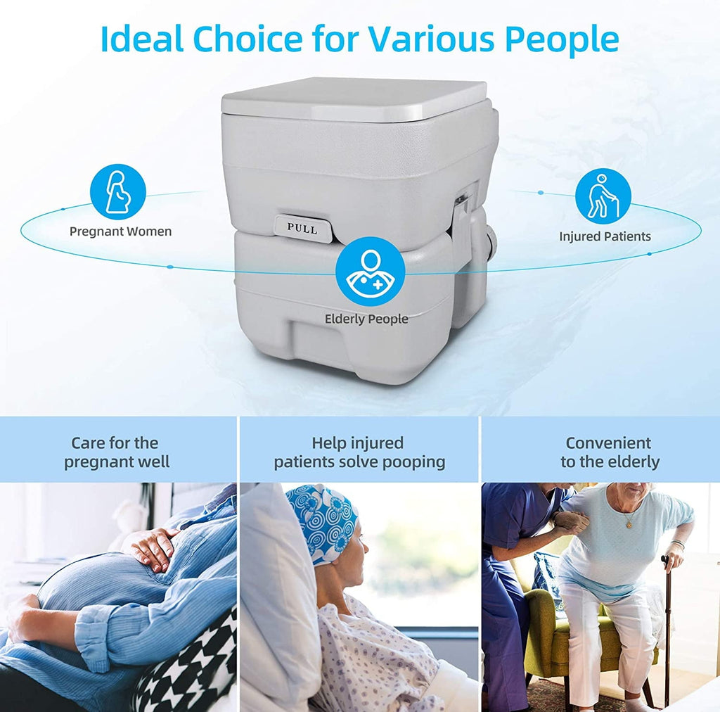 Dextrus 5.3 Gallon Portable Toilet With Detachable Tank, Double Outlet Water Spout, Press Flush Pump, Travel RV Potty for Camping, Boating, Hiking, Trips, White&Gray