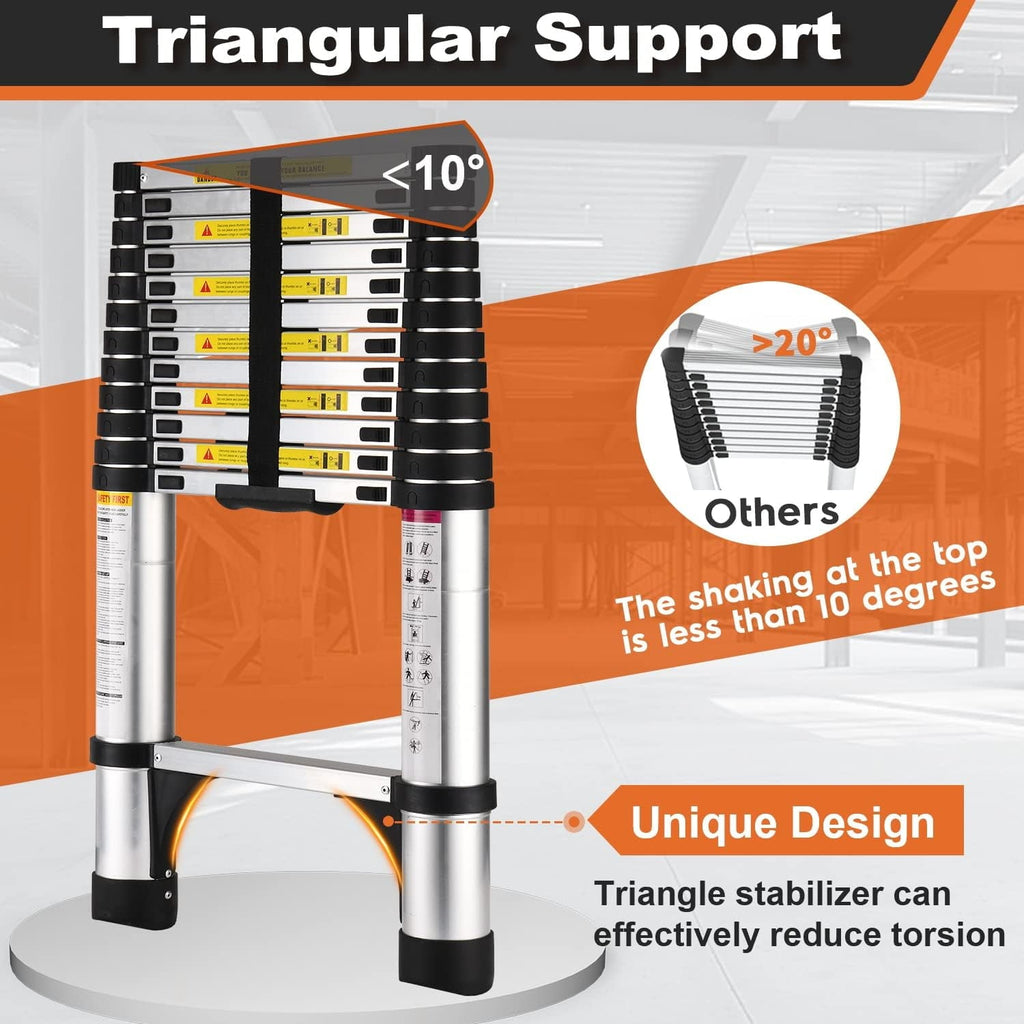 BOWEITI 12.5 FT Telescoping Aluminum Extension Ladder with 2 Triangle Stabilizers, Heavy Duty 330lbs Max Capacity, Multi-Purpose Collapsible Ladder for RV or Outdoor Work