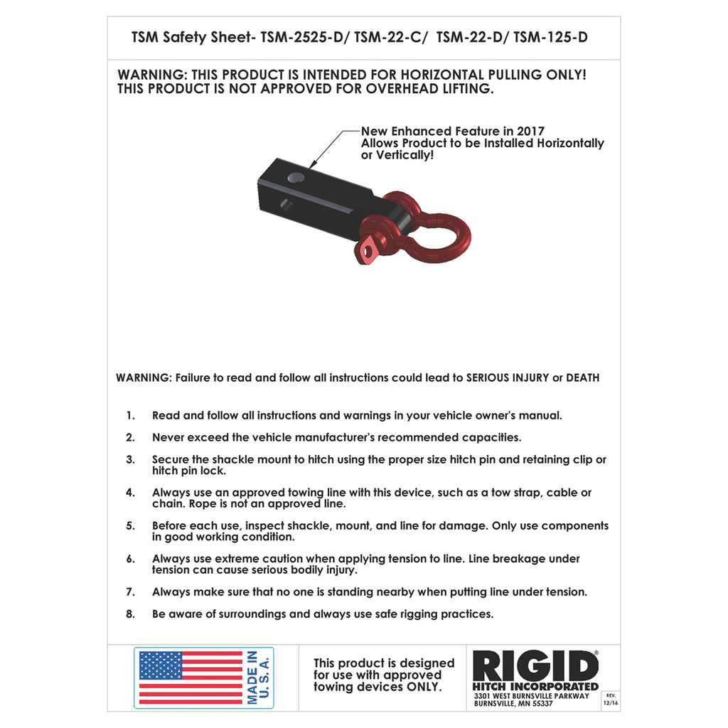 Rigid Hitch (TSM-125-D) Tow Strap Shackle Mount for 1-1/4 Inch Receivers - Made In U.S.A.