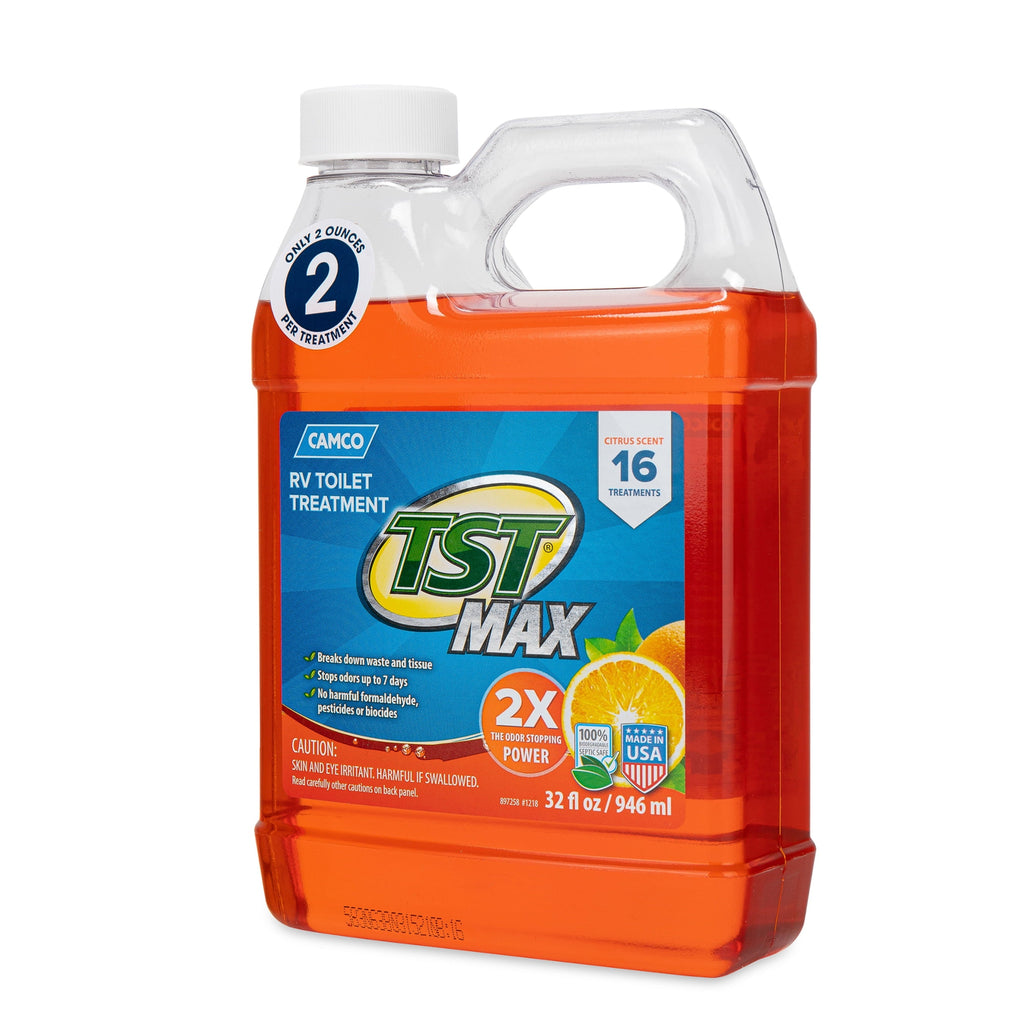 Camco TST MAX RV Toilet Treatment | Features an Ultra Concentrated Formula with Orange Citrus Scent | Stop Odors and Break Down Waste in Camper or Marine Waste Holding Tanks | 32oz. (41192)