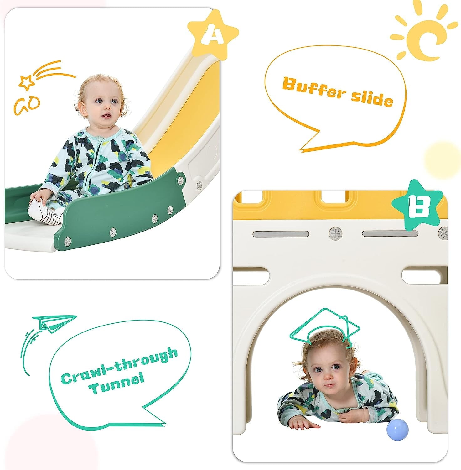 Holaki 6 in 1 Toddler Slide Set, Kids Slide for Toddlers, Kids Playing Climber Sliding Playset with Basketball Hoop, Tunnel and Storage Space, Toddler Playground Indoor Outdoor