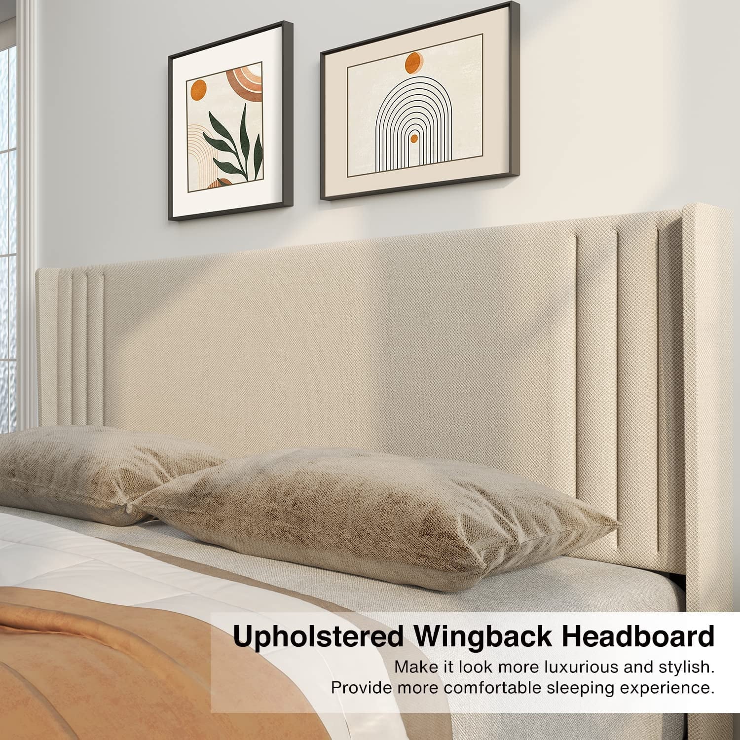 Aiho Queen Platform Bed Frame with Wingback Headboard, Beige