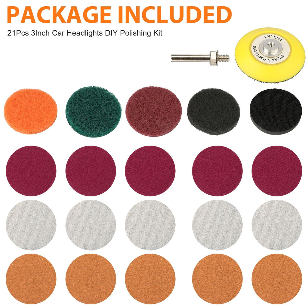 EEEkit Headlight Restoration Kit, 21pcs 3inch Car Headlights Electric Drill Based Car Lights DIY Polishing Kit with Sanding Backing Pad, Mop, Drill Adapter, Sponge Buffer Pad