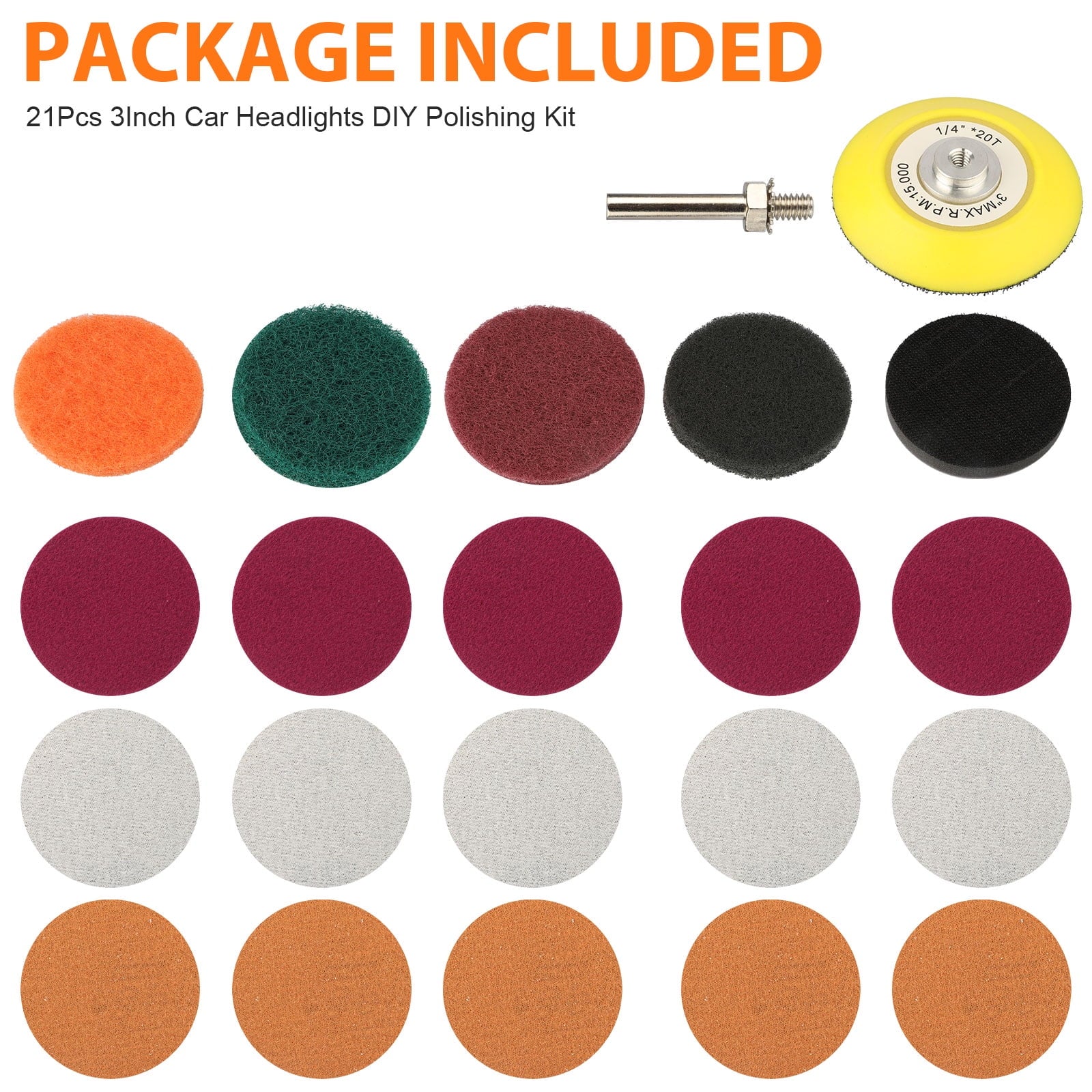 EEEkit Headlight Restoration Kit, 21pcs 3inch Car Headlights Electric Drill Based Car Lights DIY Polishing Kit with Sanding Backing Pad, Mop, Drill Adapter, Sponge Buffer Pad