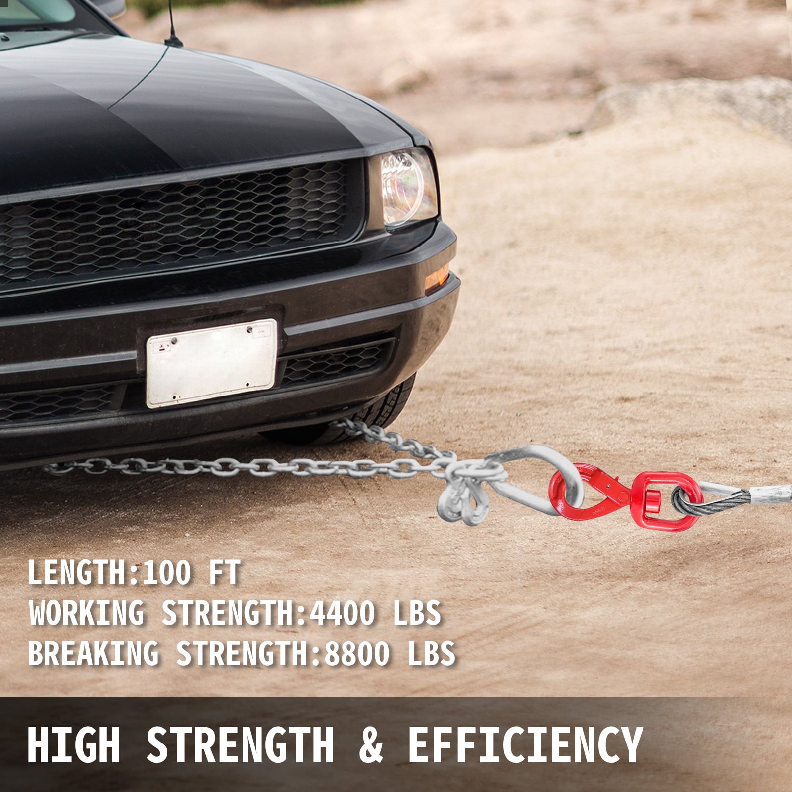 VEVOR Galvanized Steel Winch Cable, 3/8" x 100' - Wire Rope with Hook, 8800 lbs Breaking Strength - Towing Cable Heavy Duty, 6x19 Strand Core - for Rollback, Crane, Wrecker, Tow Truck