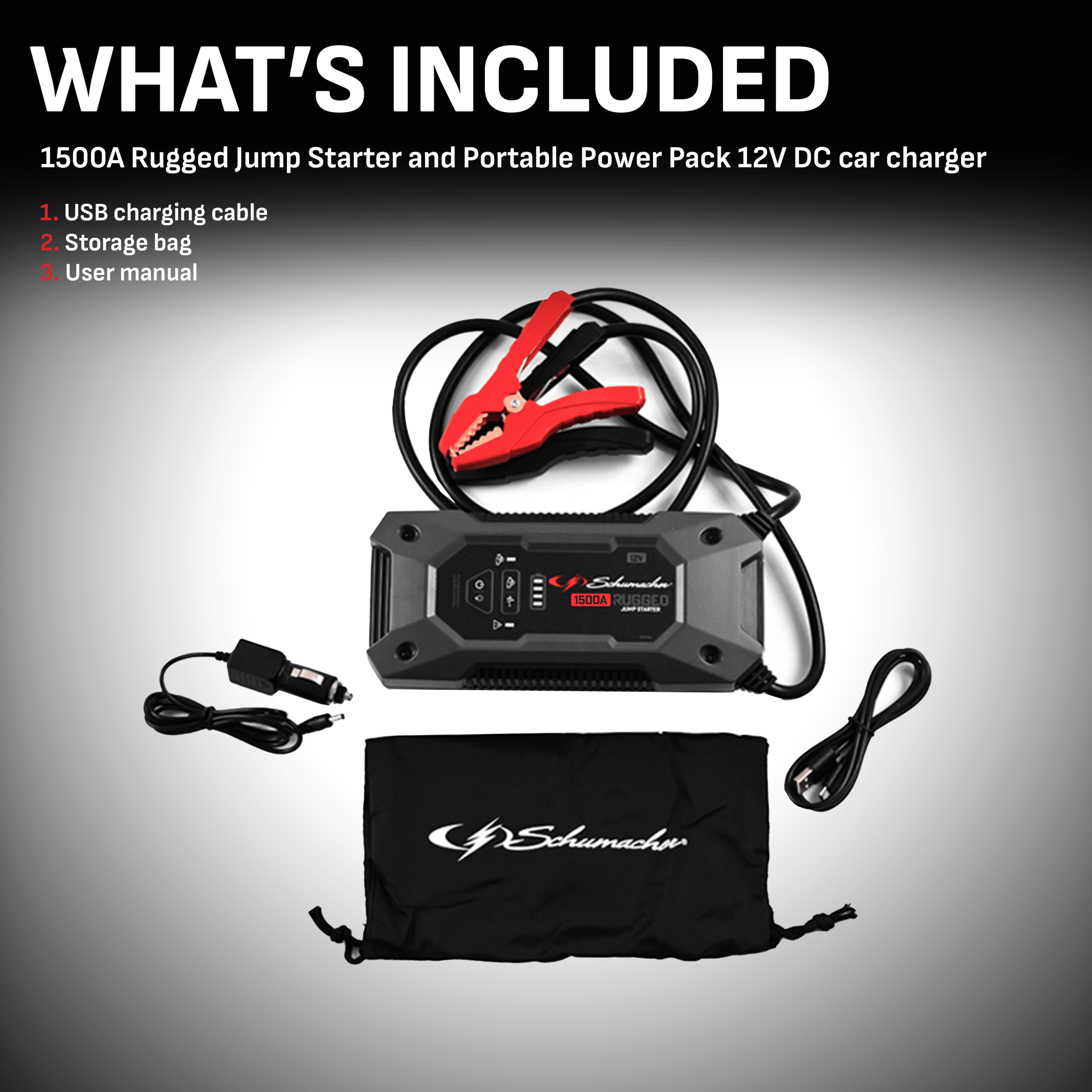 Schumacher 1500A Rugged Jump Starter and Portable Power Pack 12V DC car charger