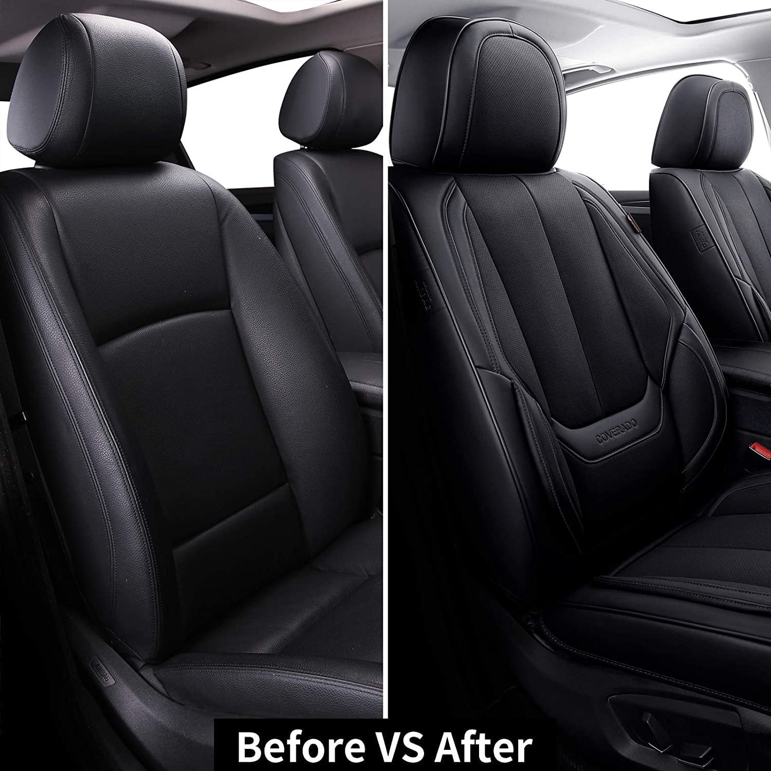 Coverado Front Seat Covers 6 Pieces, Waterproof Nappa Leather Car Seat Protectors Auto Interior, Universal Fit for Most Sedans SUV Pick-up Truck, Black