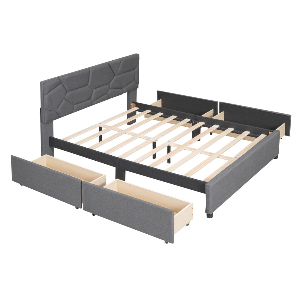 Upholstered Platform Bed with 4 Storage Drawers, Full Size Storage Platform Bed Frame with Brick Pattern Heardboard and Wood Slats Support for Bedroom Dorm Apartment, No Box Spring Needed, Gray