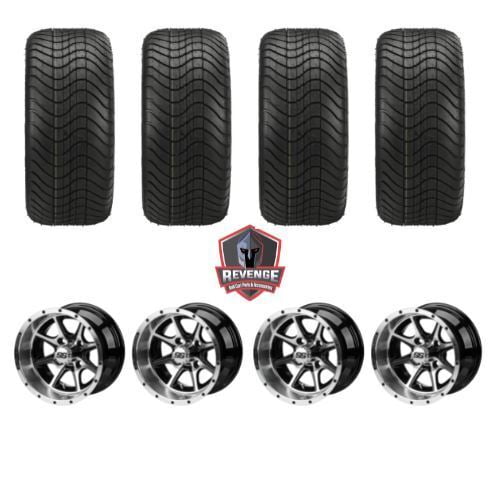 12" Azusa Machined Black Golf Cart Wheels and Tires Combo (215/40-12) Set of 4