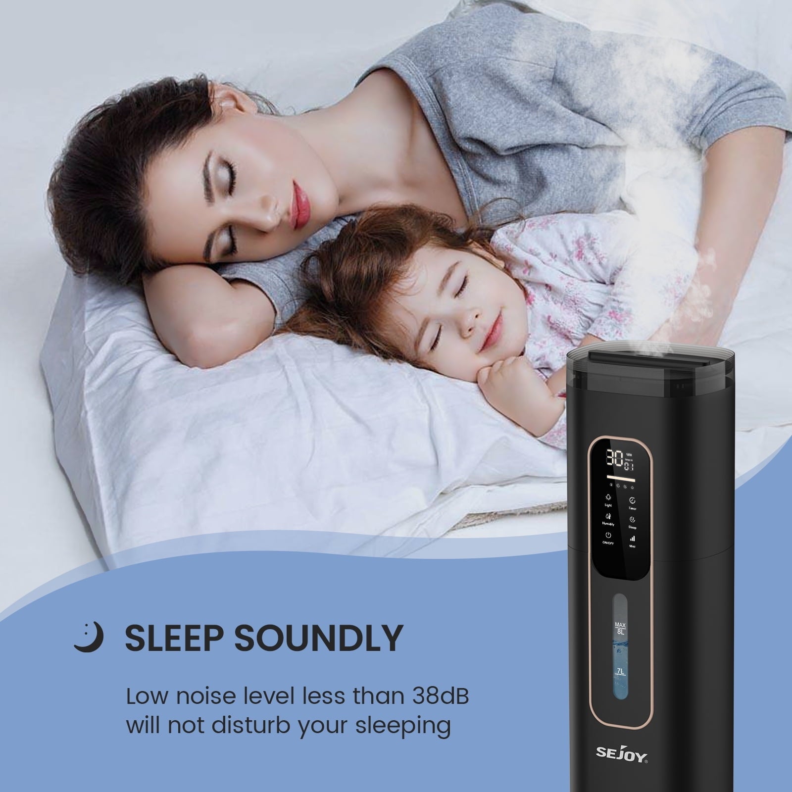Sejoy Humidifiers for Bedroom Large Room Home，2.1GAL/8L Top Fill Floor Ultrasonic Humidifiers with 3 Mist Speed,Remote,Quiet Humidification for Plants and Baby Infant,Black