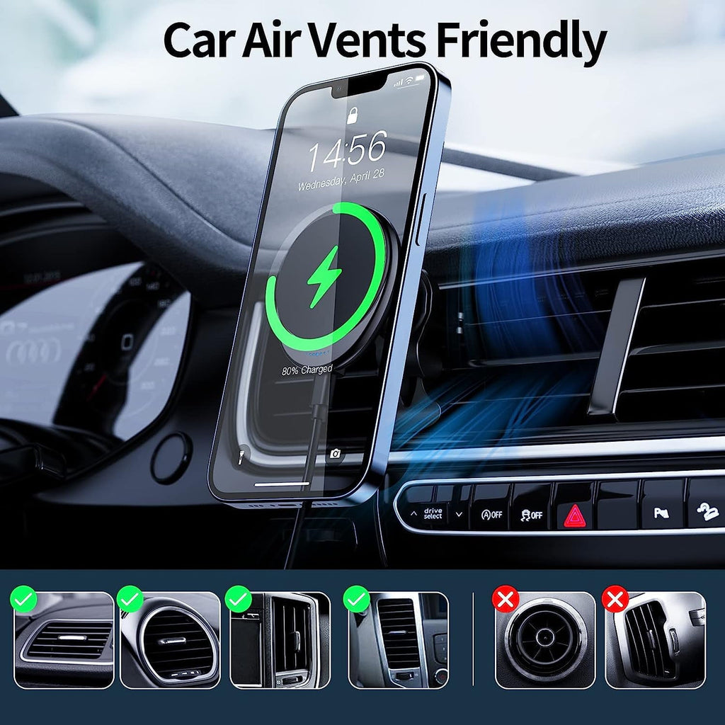 Magnetic Wireless Car Charger Mount: ETEPEHI Car Accessories Mag-safe Charger, Car Phone Holder Mount for iPhone 14/13/12 Pro/Pro Max/Mini, Black