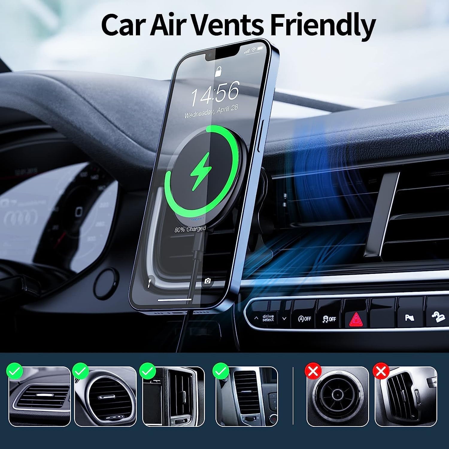Magnetic Wireless Car Charger Mount: ETEPEHI Car Accessories Mag-safe Charger, Car Phone Holder Mount for iPhone 14/13/12 Pro/Pro Max/Mini, Black