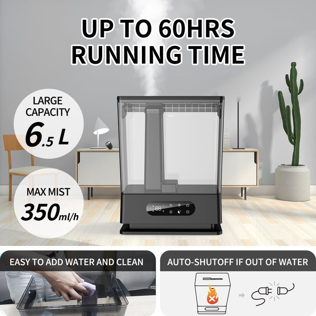 ALROCKET 6.5L Large Humidifiers Top Fill Cool Mist Humidifier for for Bedroom, Home, and Large Room Black