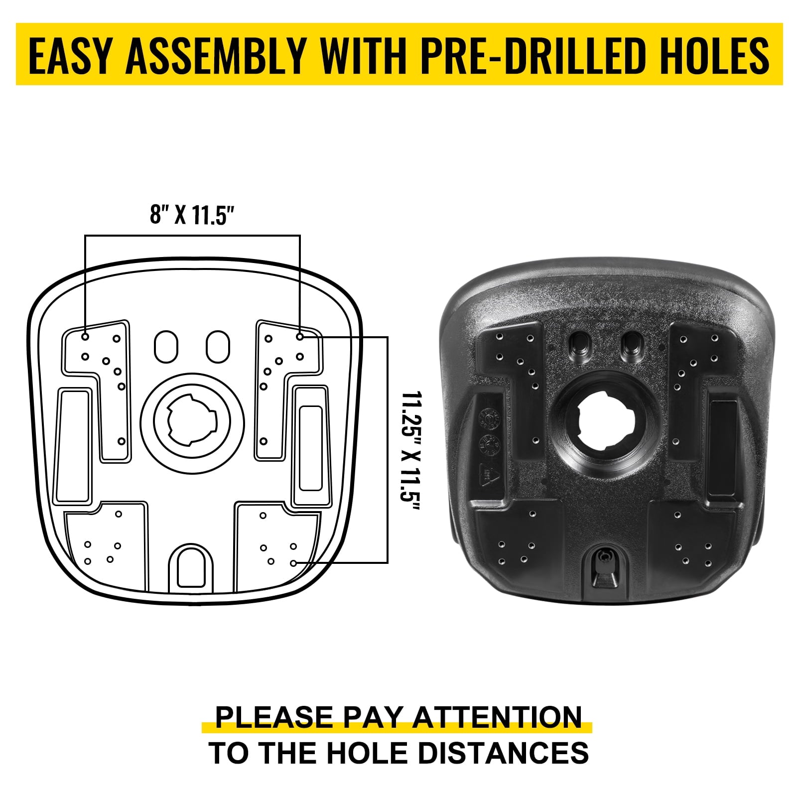 VEVOR 2pcs Universal Tractor Seat Replacement,Compact High Back Mower Seat Pair,Black Vinyl Forklift Seat,Central Drain Hole Skid Steer Seat with Mounting Bolt Patterns of 8" x 11.5" & 11.25" x 11.5"