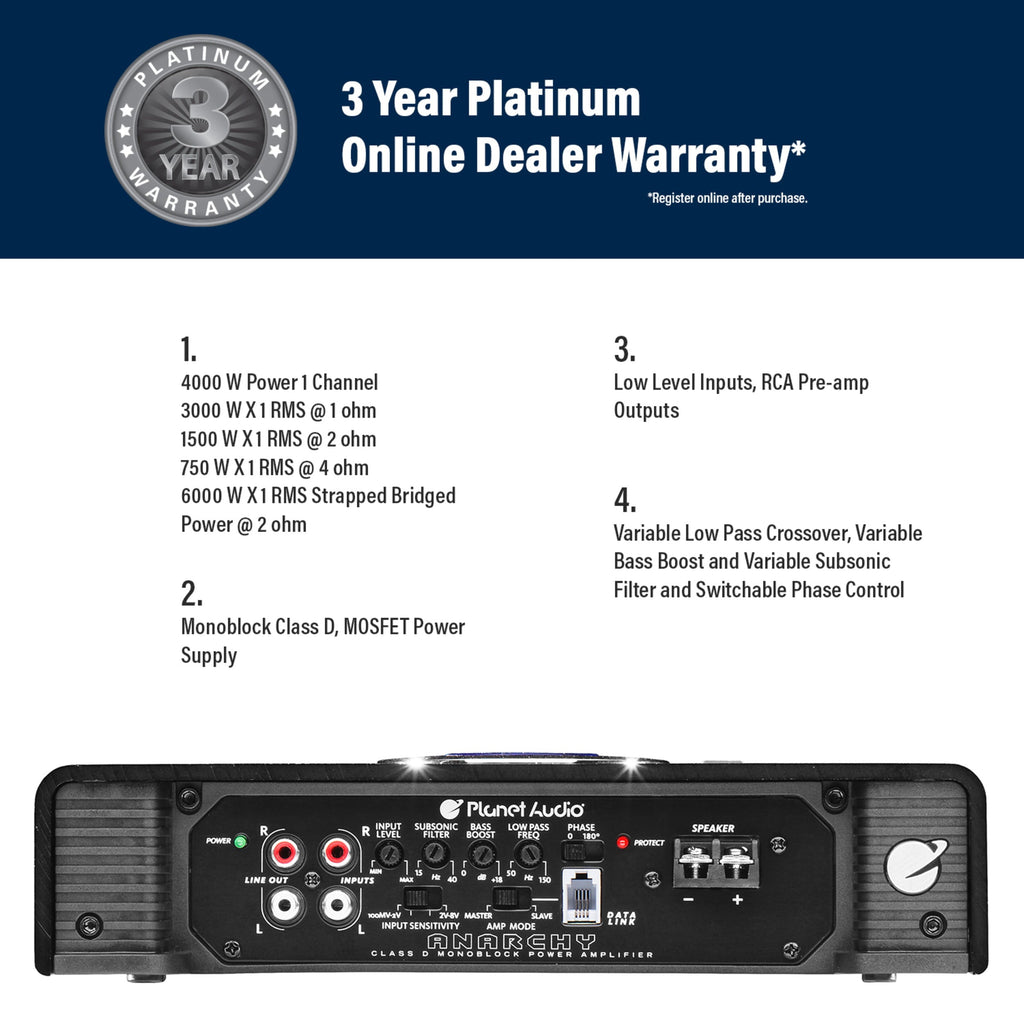 Planet Audio AC4000.1D 4000 Watt Class D Car Amplifier, 1 Ohm Stable, Mosfet