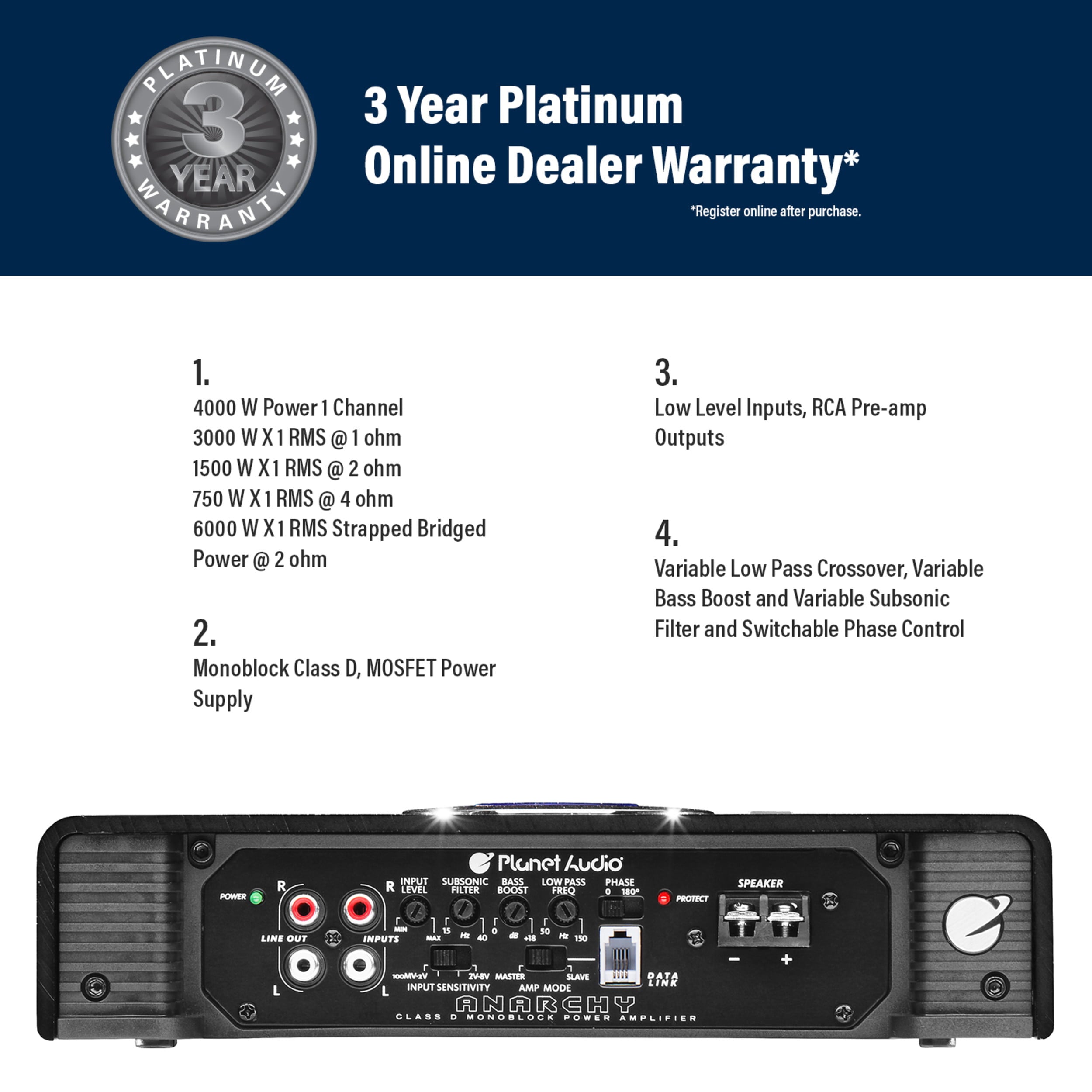 Planet Audio AC4000.1D 4000 Watt Class D Car Amplifier, 1 Ohm Stable, Mosfet